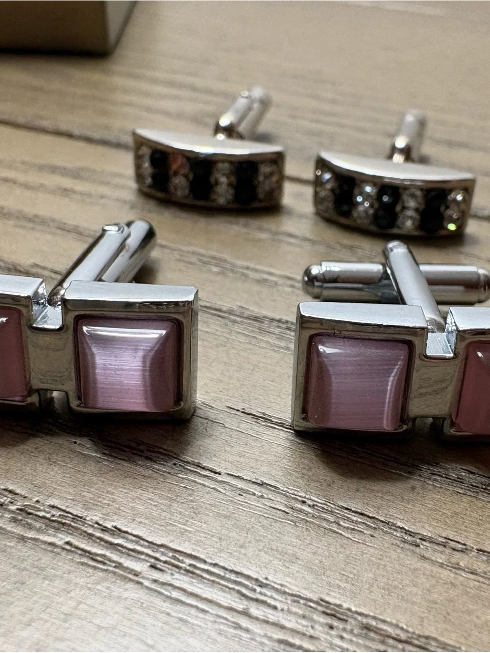 Men's Silver Cufflinks with Pink Square Inlays